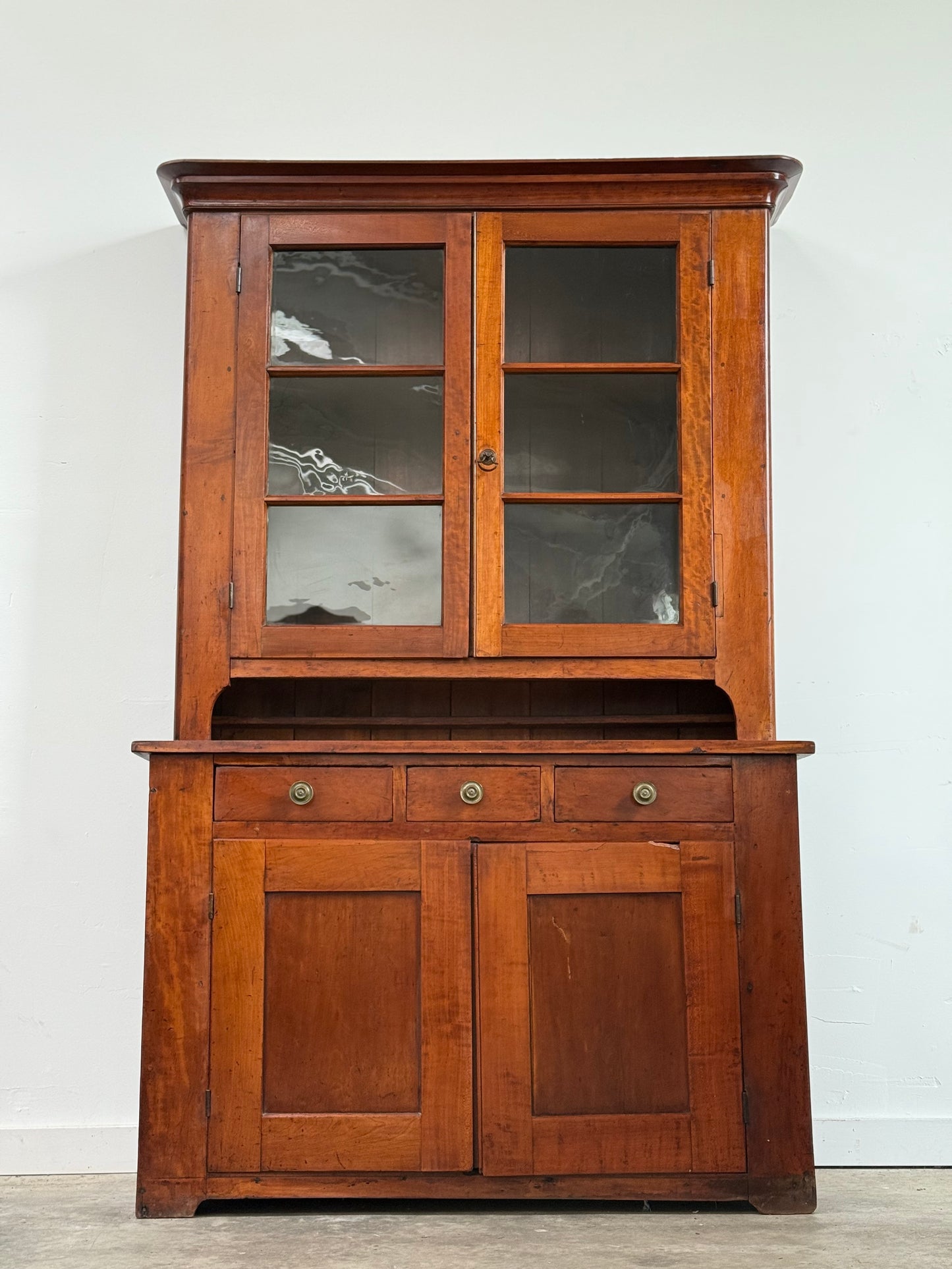 Antique Wavy Glass Stepback Cupboard