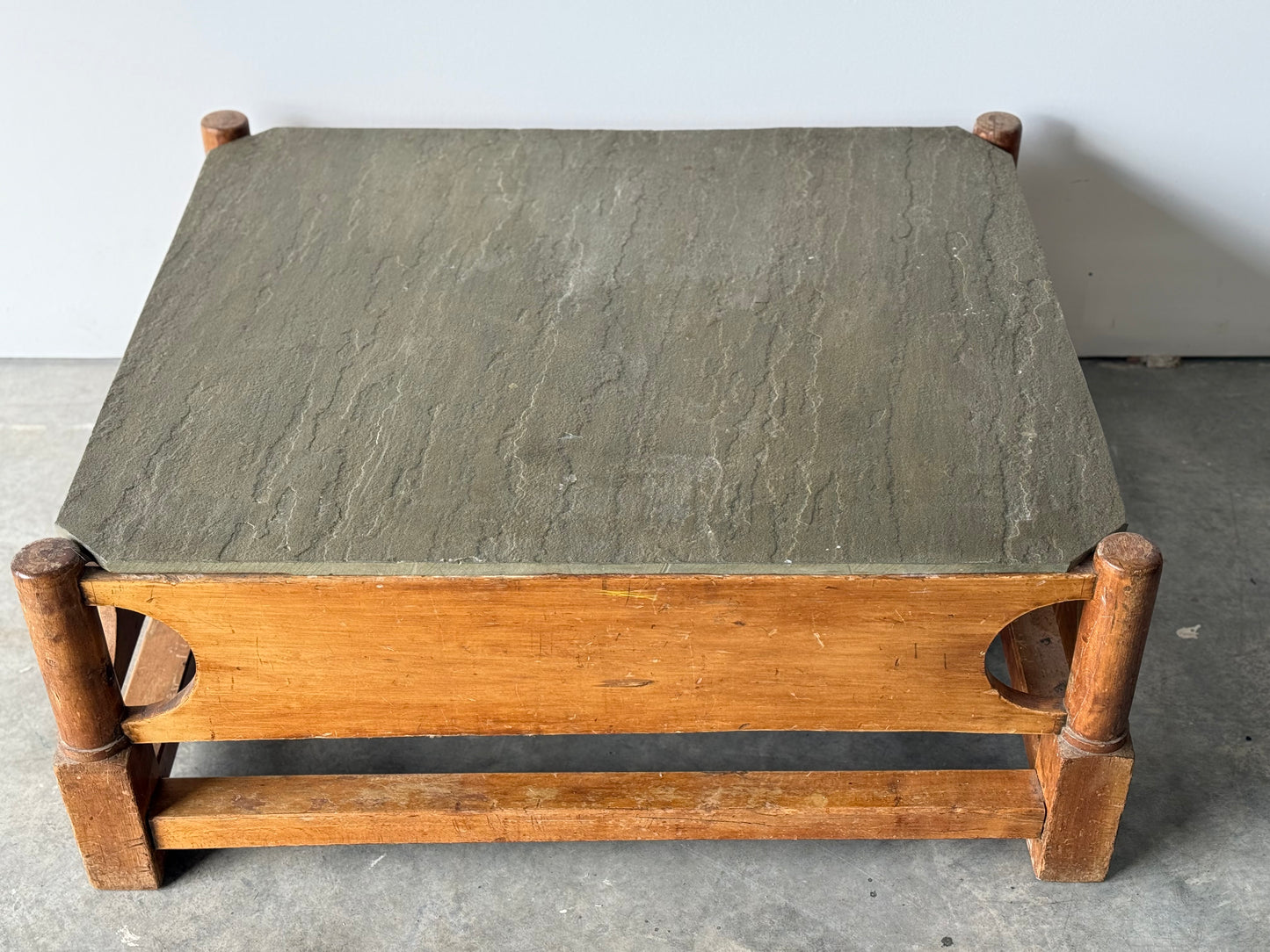 Coffee Table From Reclaimed 18th C. Rope Bed with Stone Top