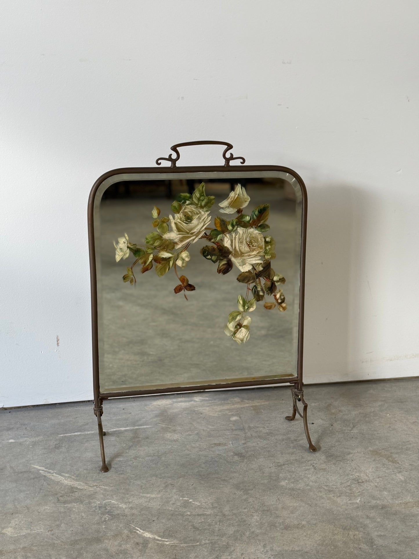 Late Victorian Painted Mirror As Brass Fire Screen