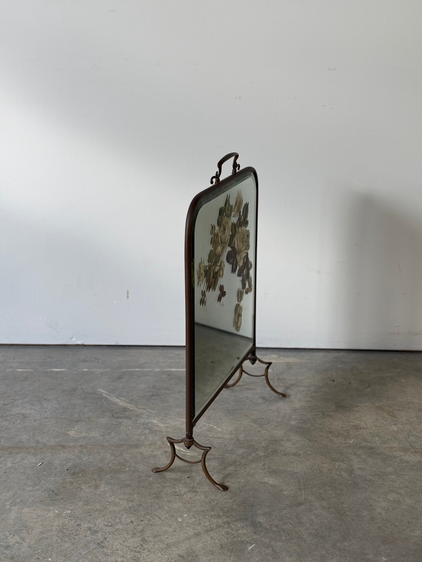 Late Victorian Painted Mirror As Brass Fire Screen