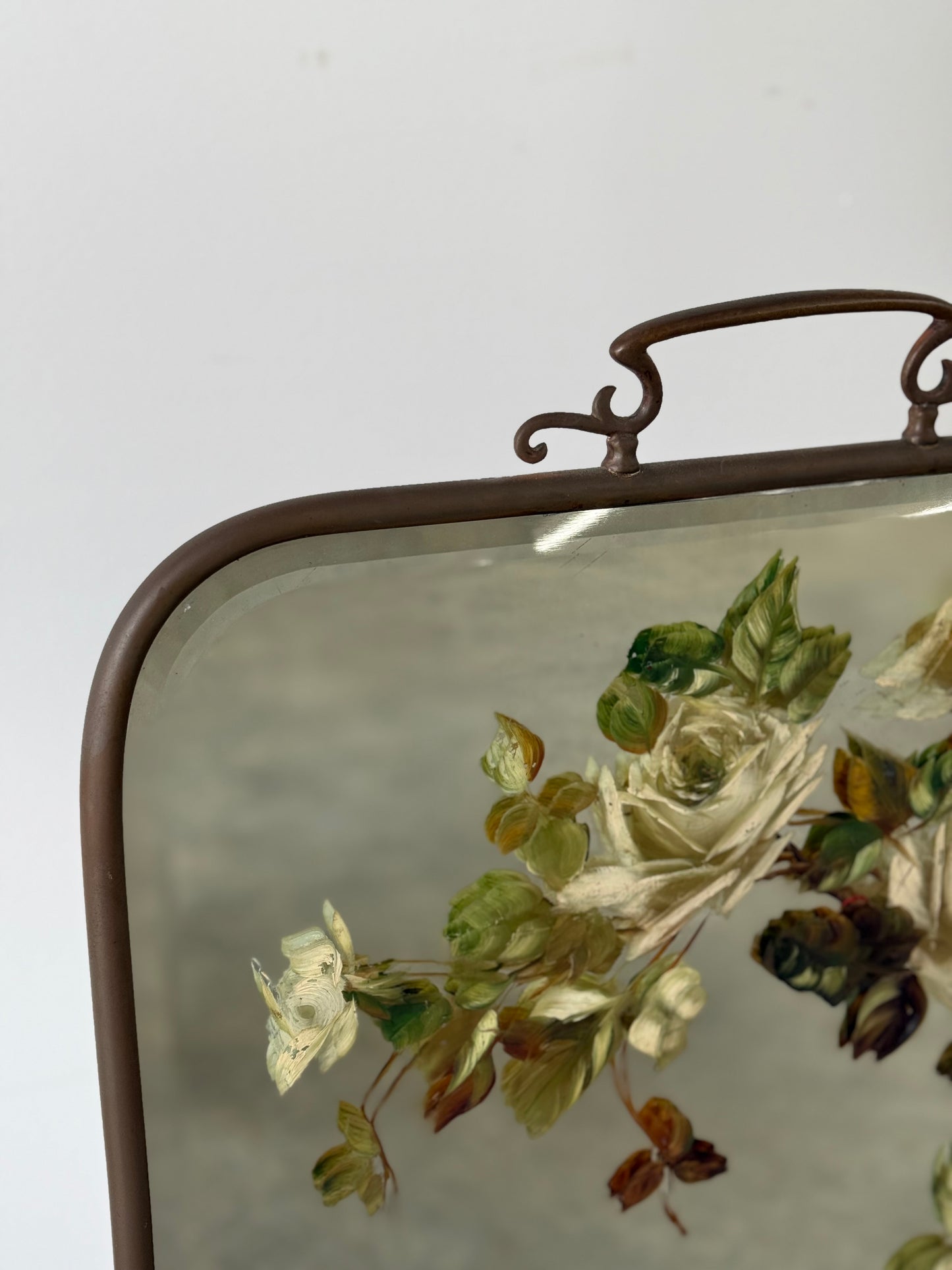 Late Victorian Painted Mirror As Brass Fire Screen