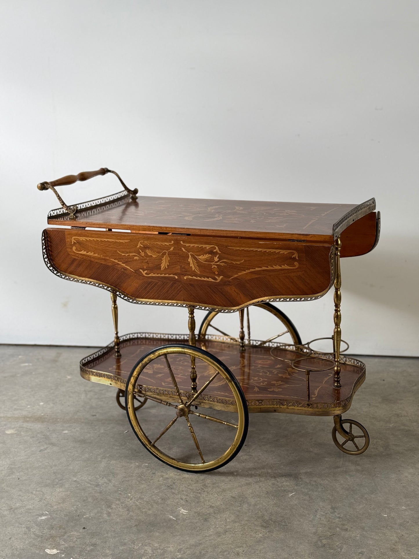 Italian Marquetry Mahogany & Brass Bar Cart