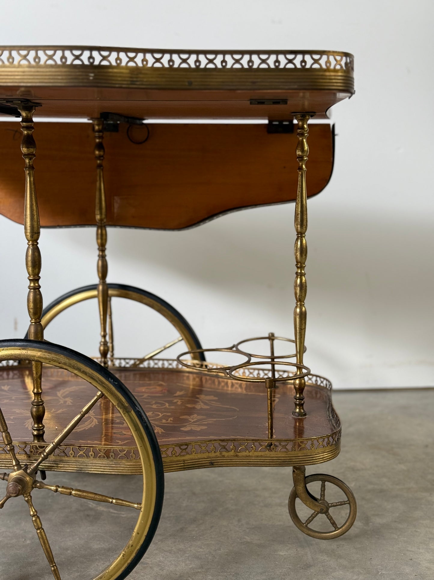 Italian Marquetry Mahogany & Brass Bar Cart
