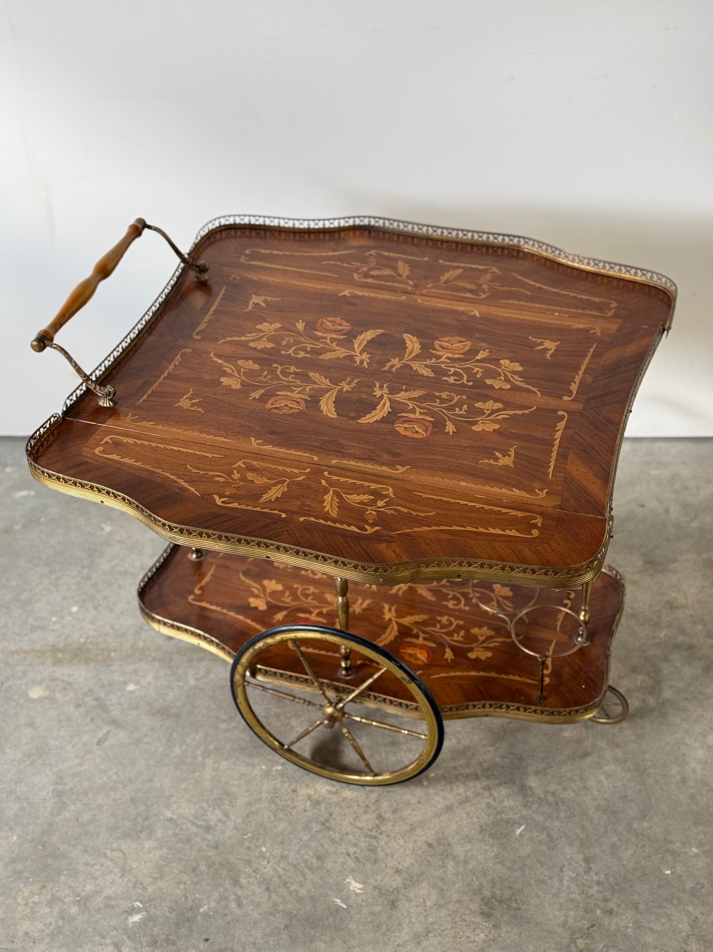 Italian Marquetry Mahogany & Brass Bar Cart