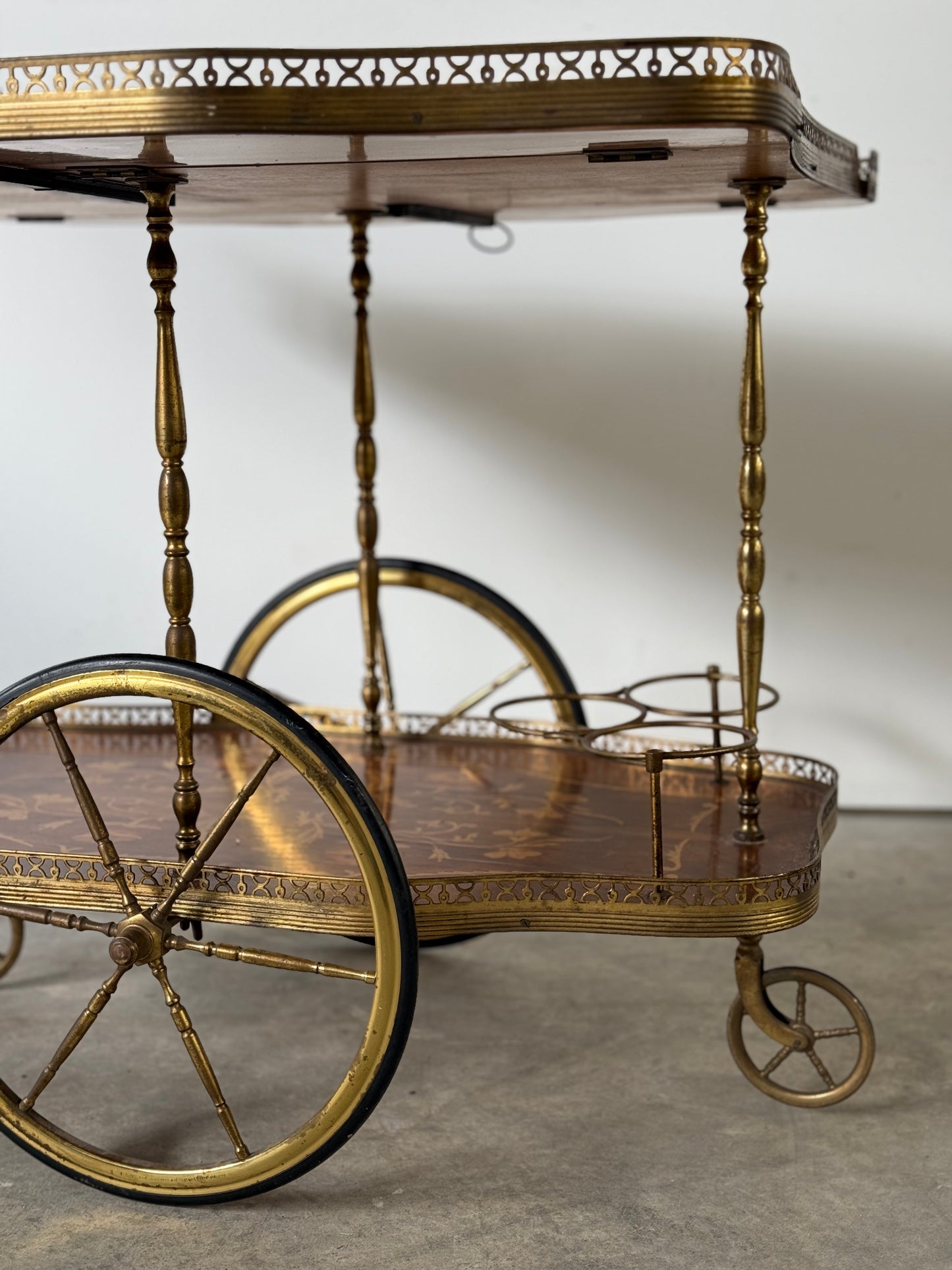 Italian Marquetry Mahogany & Brass Bar Cart