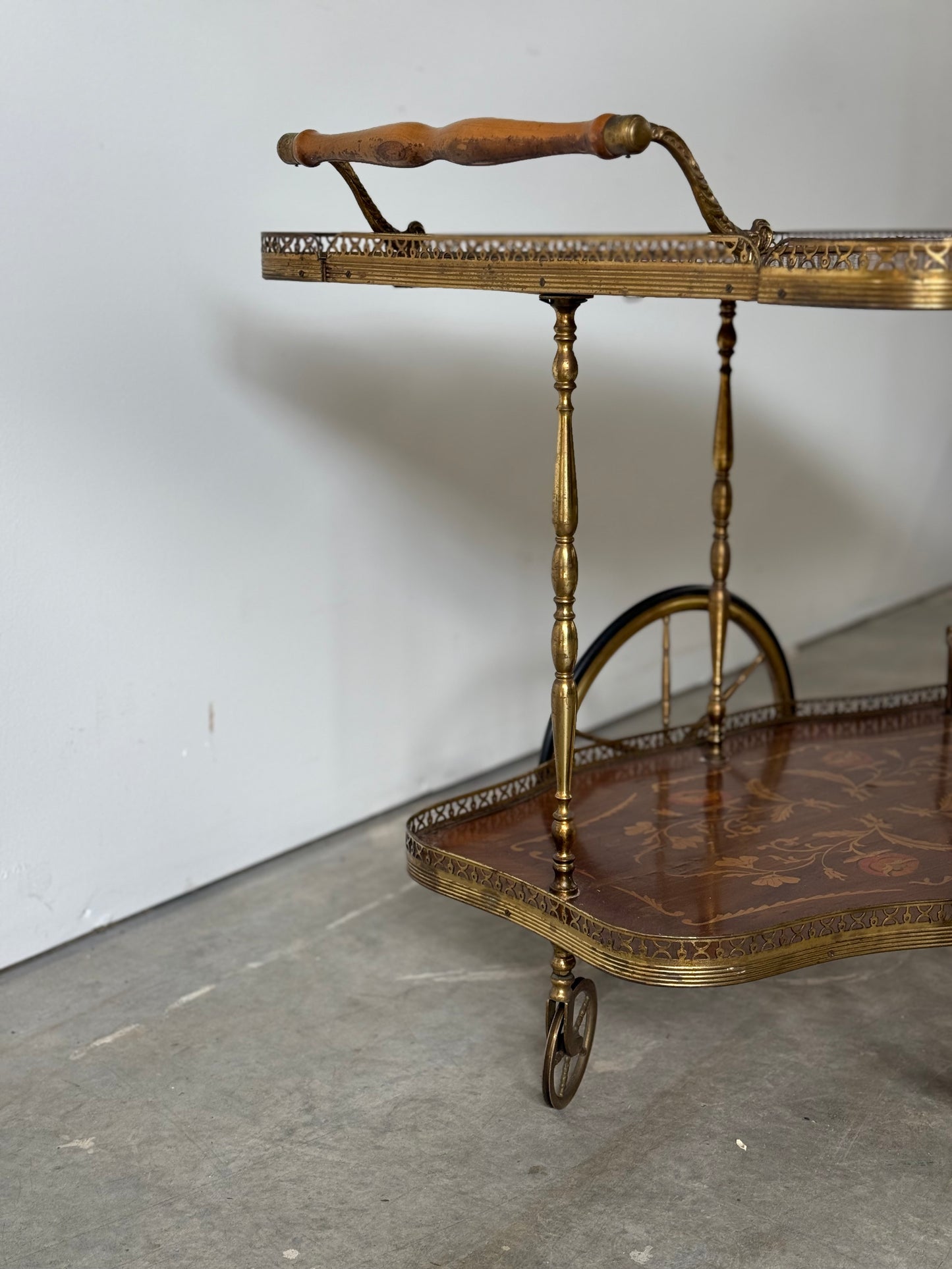 Italian Marquetry Mahogany & Brass Bar Cart