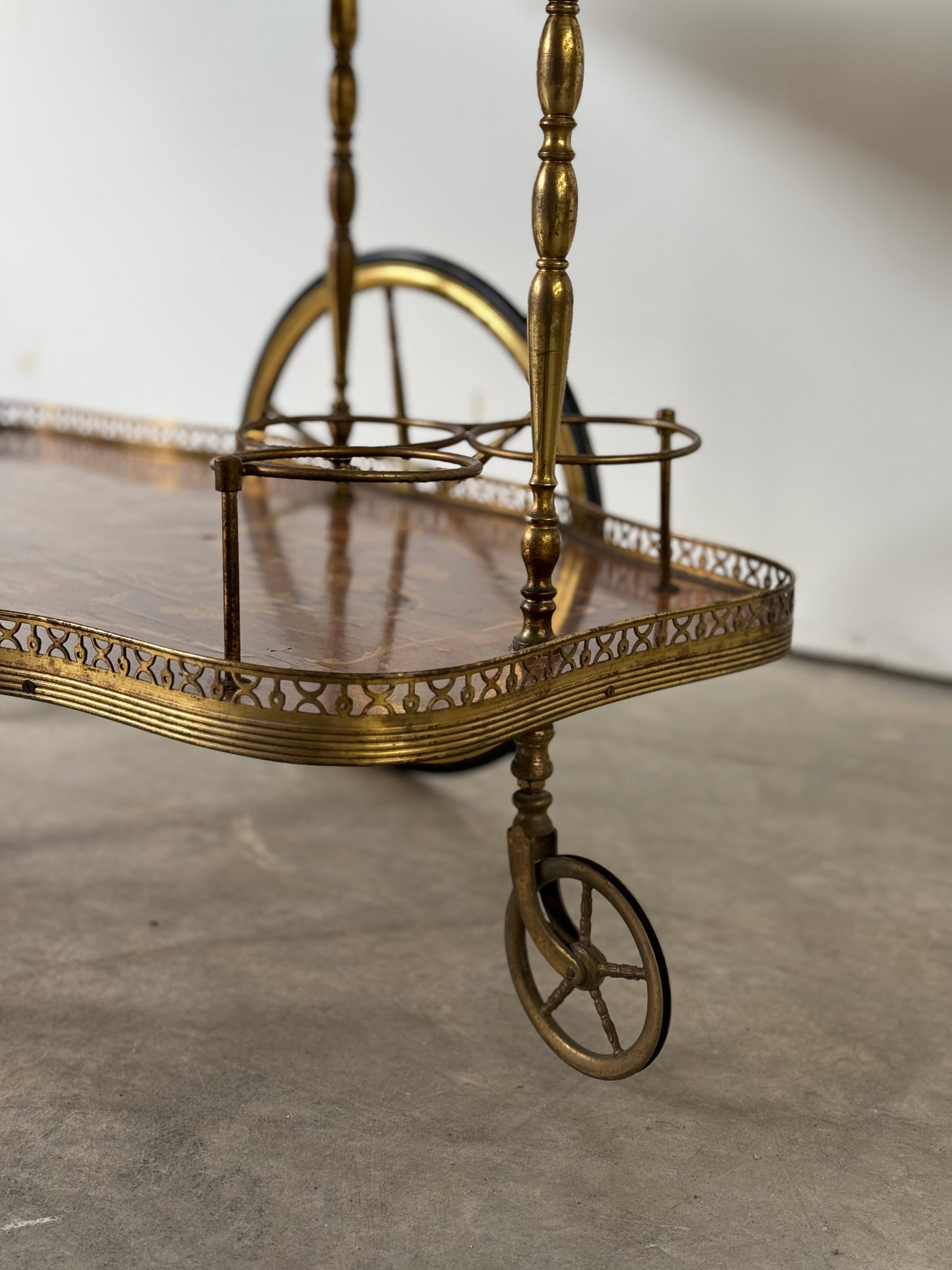 Italian Marquetry Mahogany & Brass Bar Cart