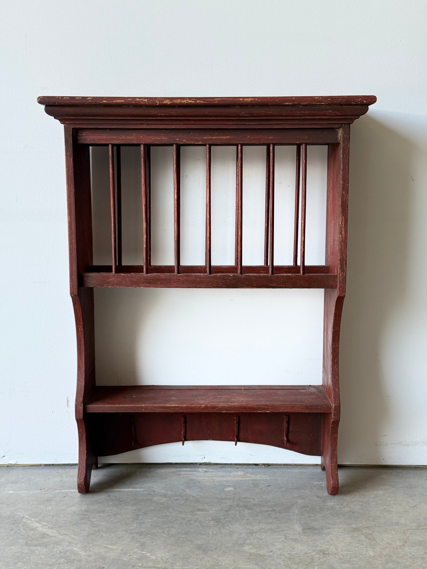 Great Antique Wall Plate Rack in Original Red Wash