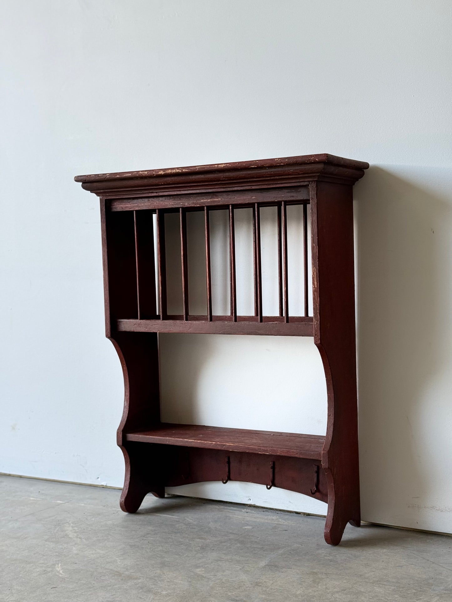 Great Antique Wall Plate Rack in Original Red Wash