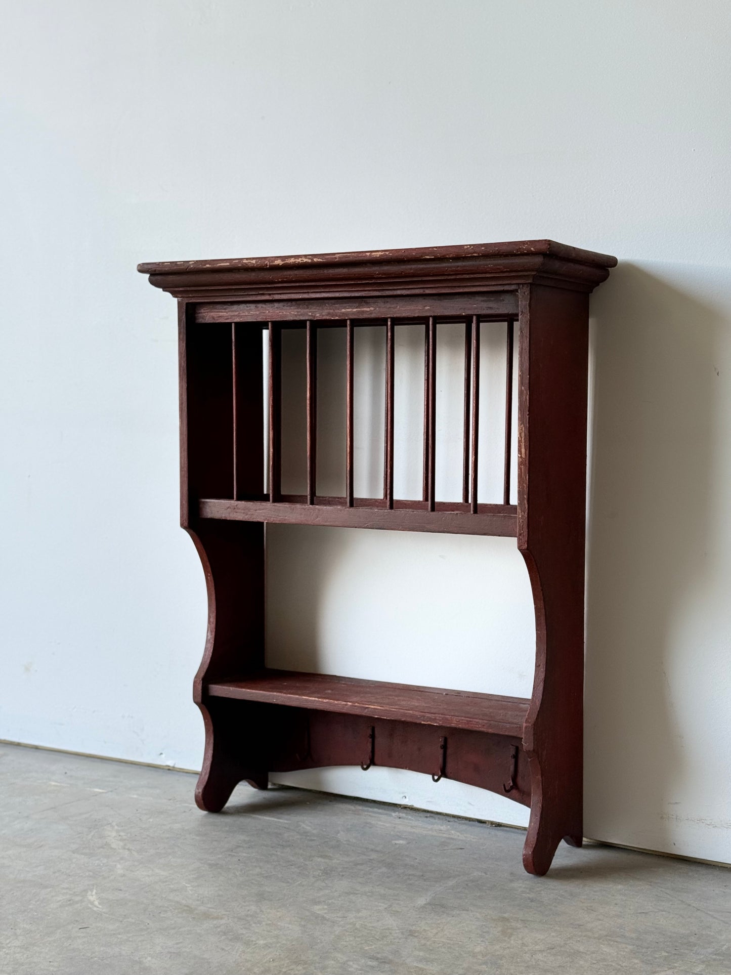 Great Antique Wall Plate Rack in Original Red Wash