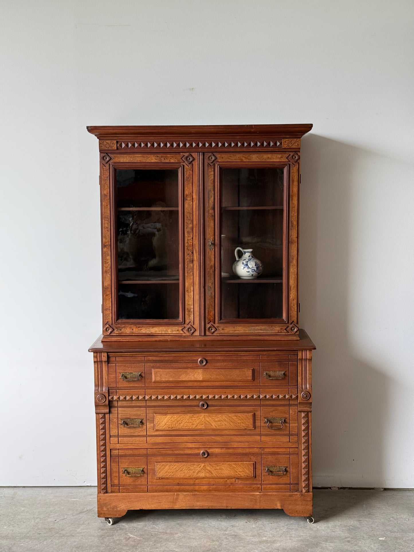 Antique Victorian Eastlake Flame Walnut Display Cabinet