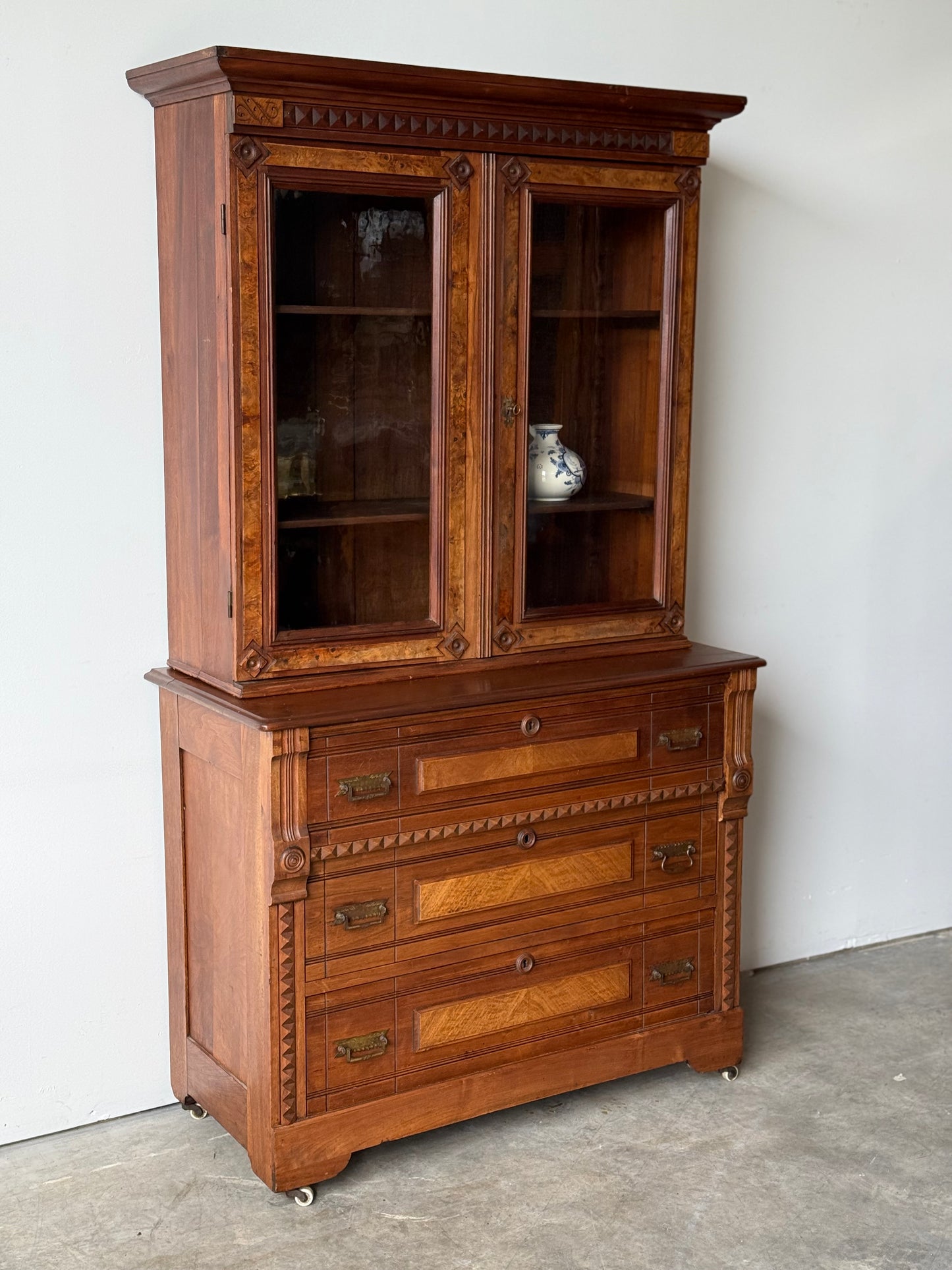 Antique Victorian Eastlake Flame Walnut Display Cabinet