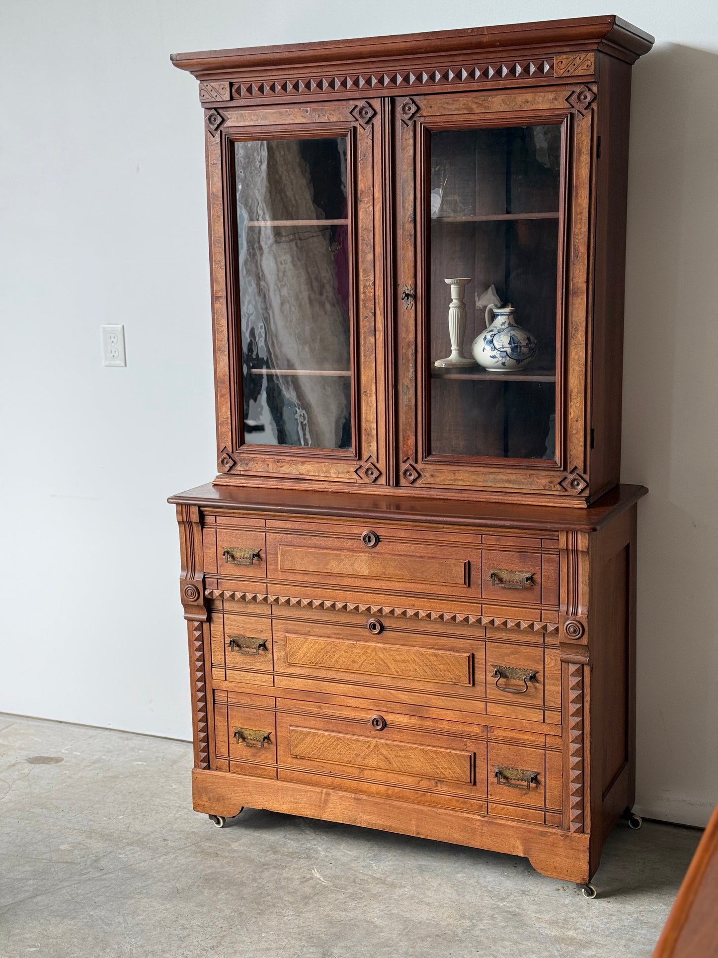 Antique Victorian Eastlake Flame Walnut Display Cabinet