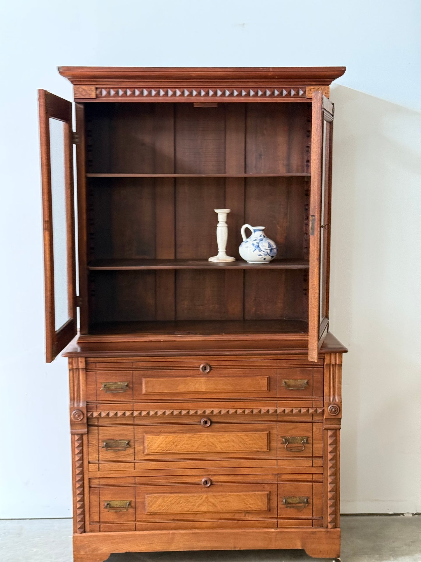 Antique Victorian Eastlake Flame Walnut Display Cabinet