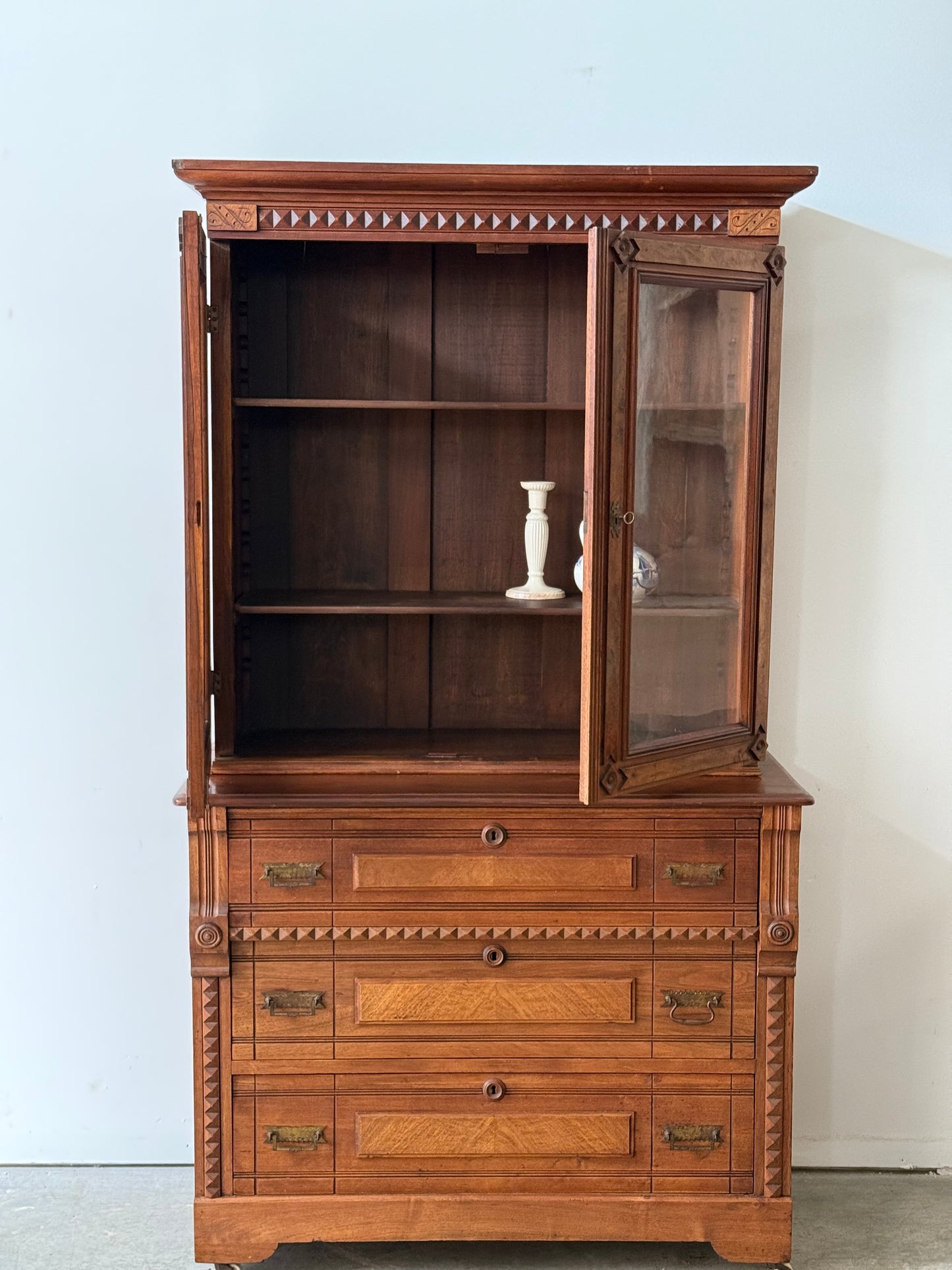 Antique Victorian Eastlake Flame Walnut Display Cabinet