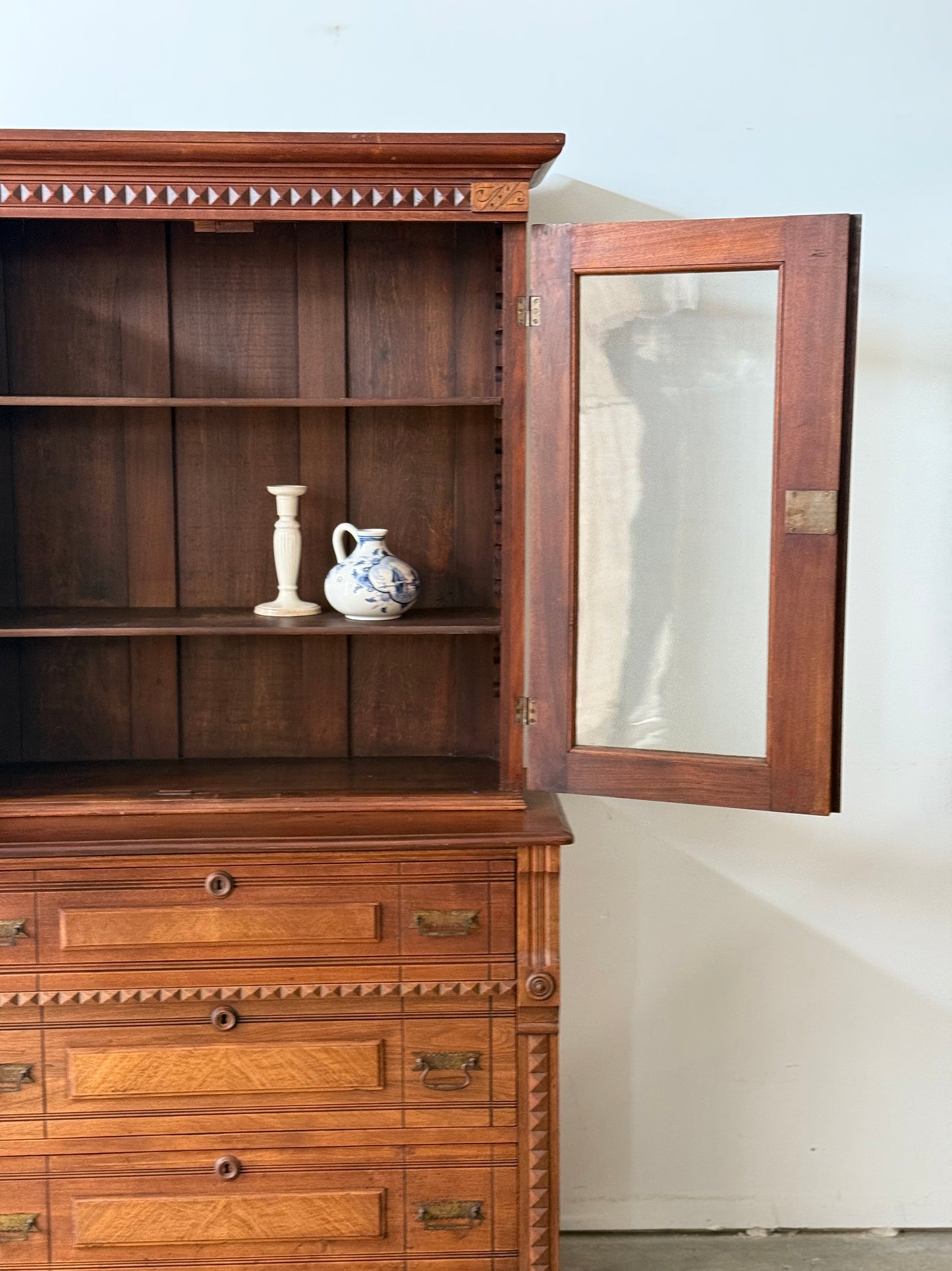Antique Victorian Eastlake Flame Walnut Display Cabinet
