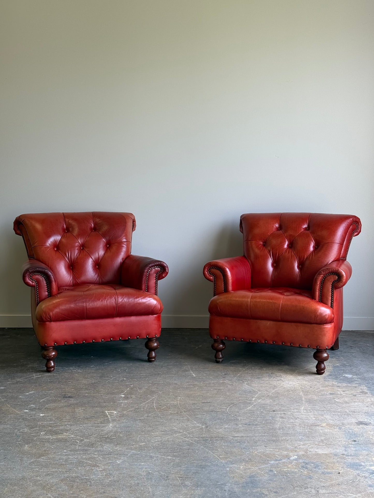 Pair of Vintage Cognac Leather Upholstered Club Chairs