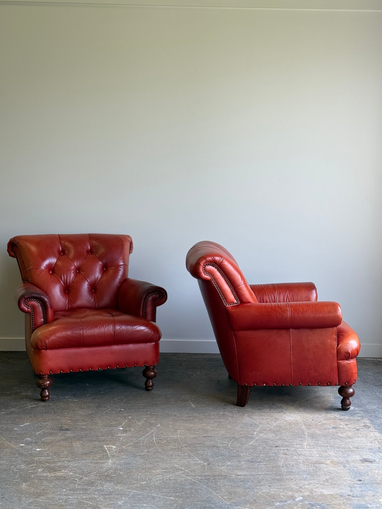 Pair of Vintage Cognac Leather Upholstered Club Chairs