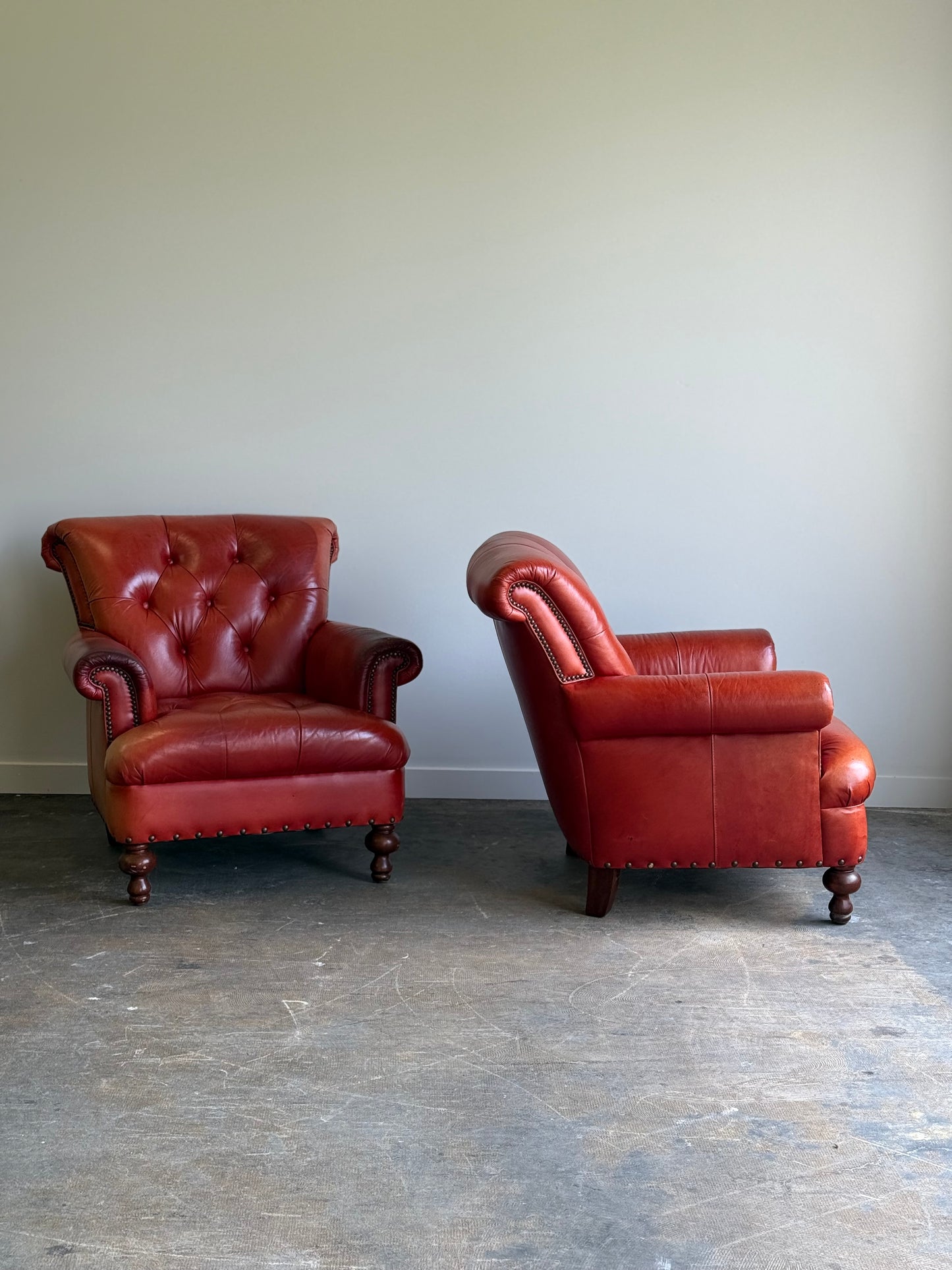Pair of Vintage Cognac Leather Upholstered Club Chairs
