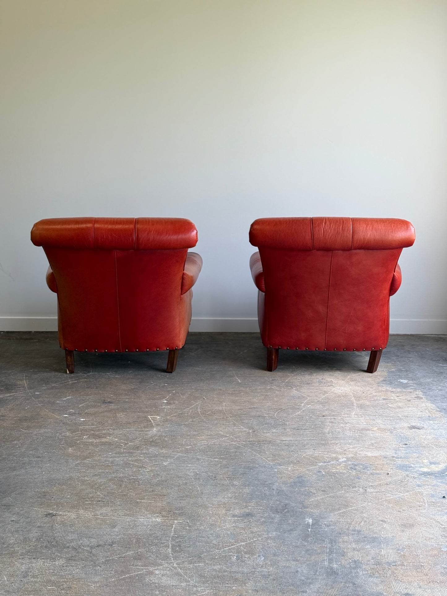 Pair of Vintage Cognac Leather Upholstered Club Chairs