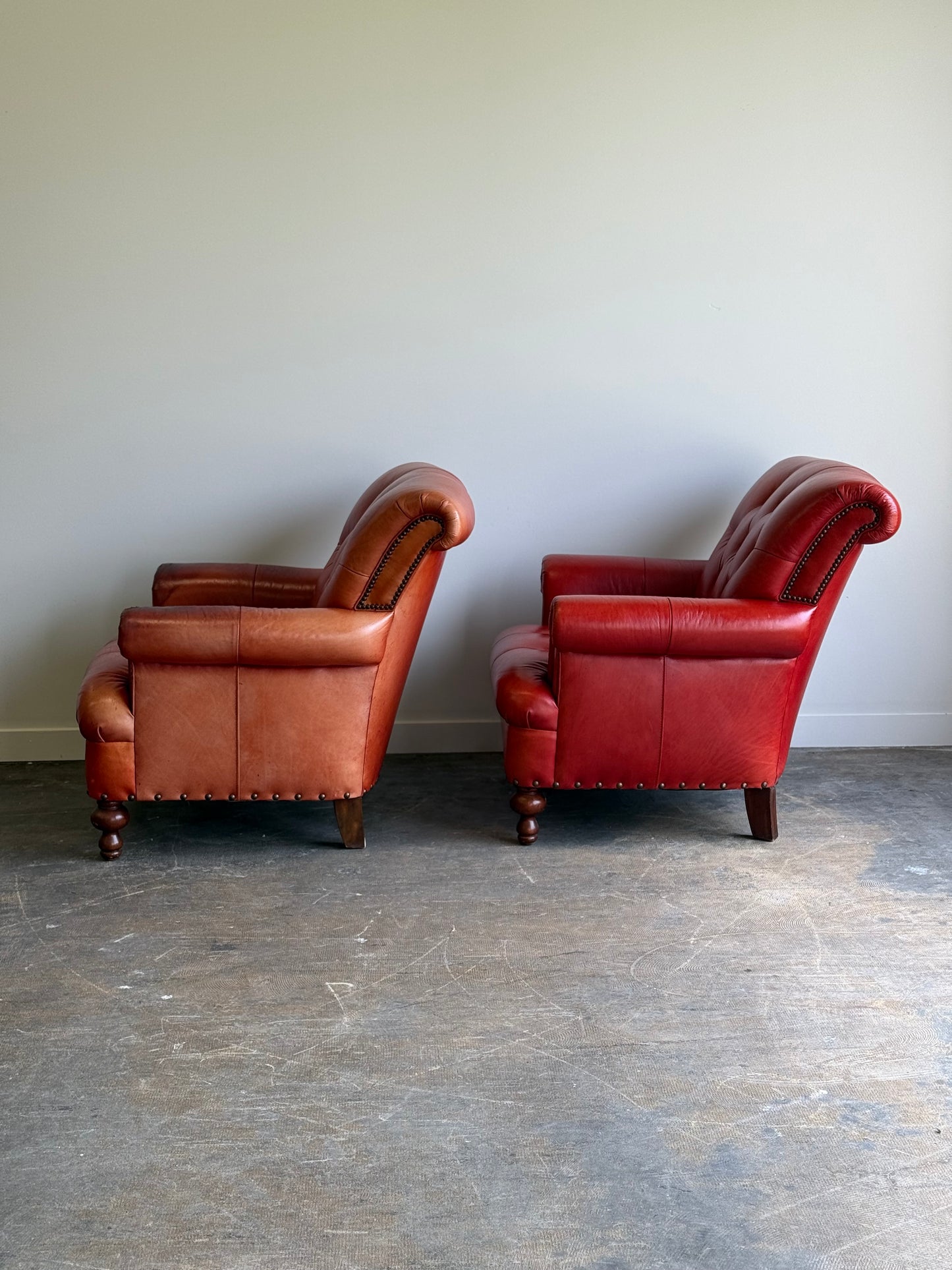 Pair of Vintage Cognac Leather Upholstered Club Chairs