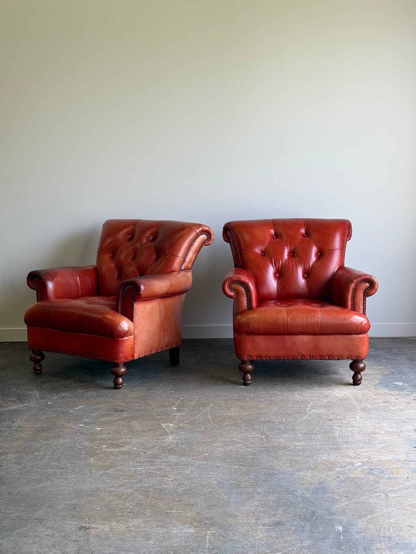 Pair of Vintage Cognac Leather Upholstered Club Chairs