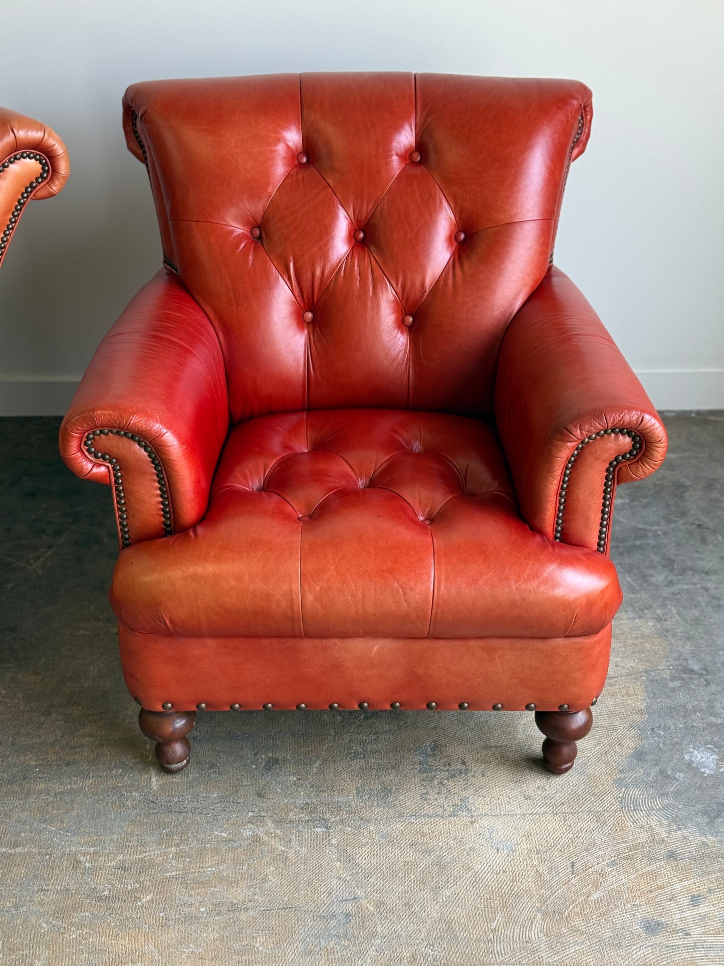 Pair of Vintage Cognac Leather Upholstered Club Chairs