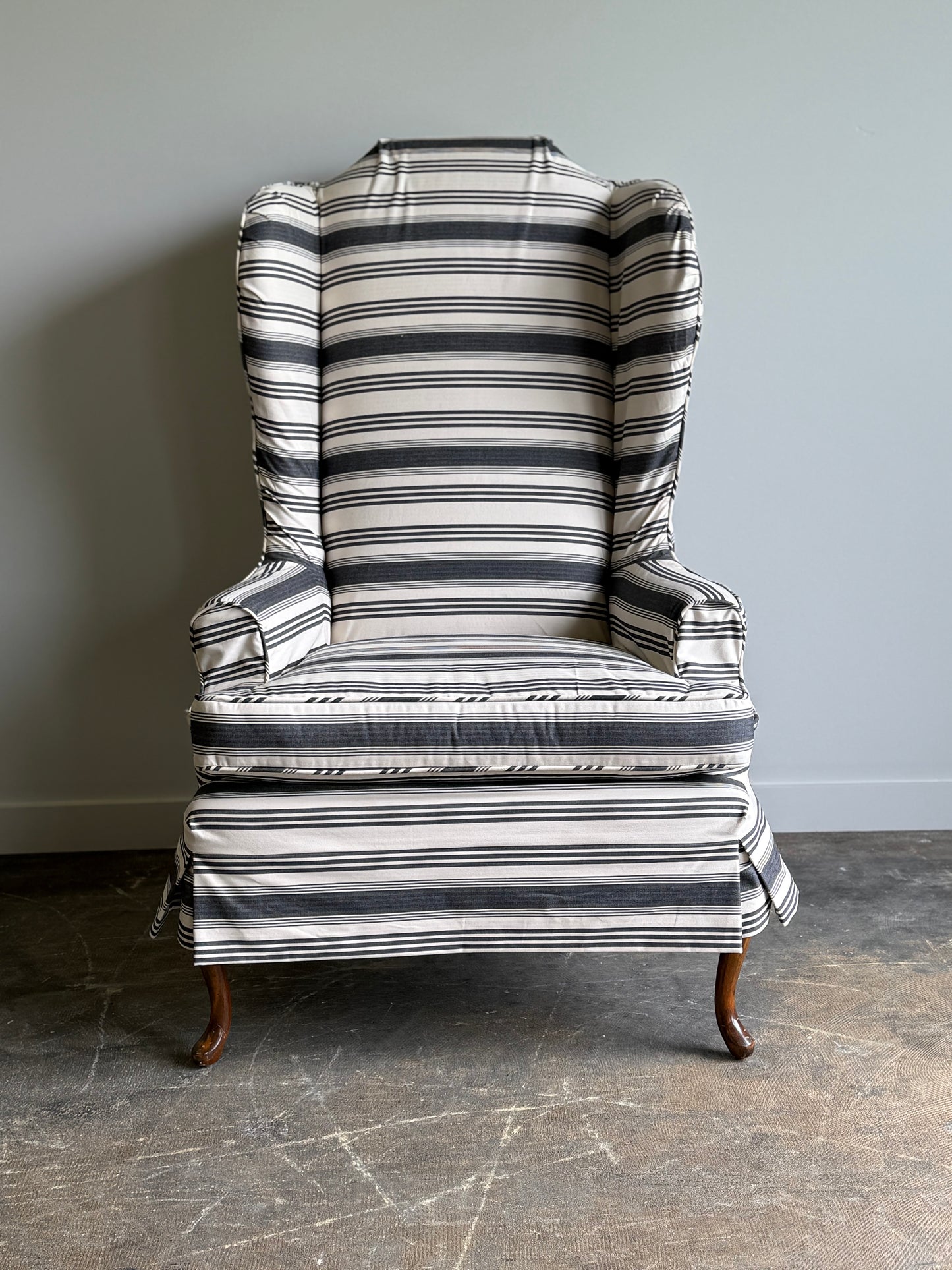 A Striped Queen Anne Style Wingback Chair