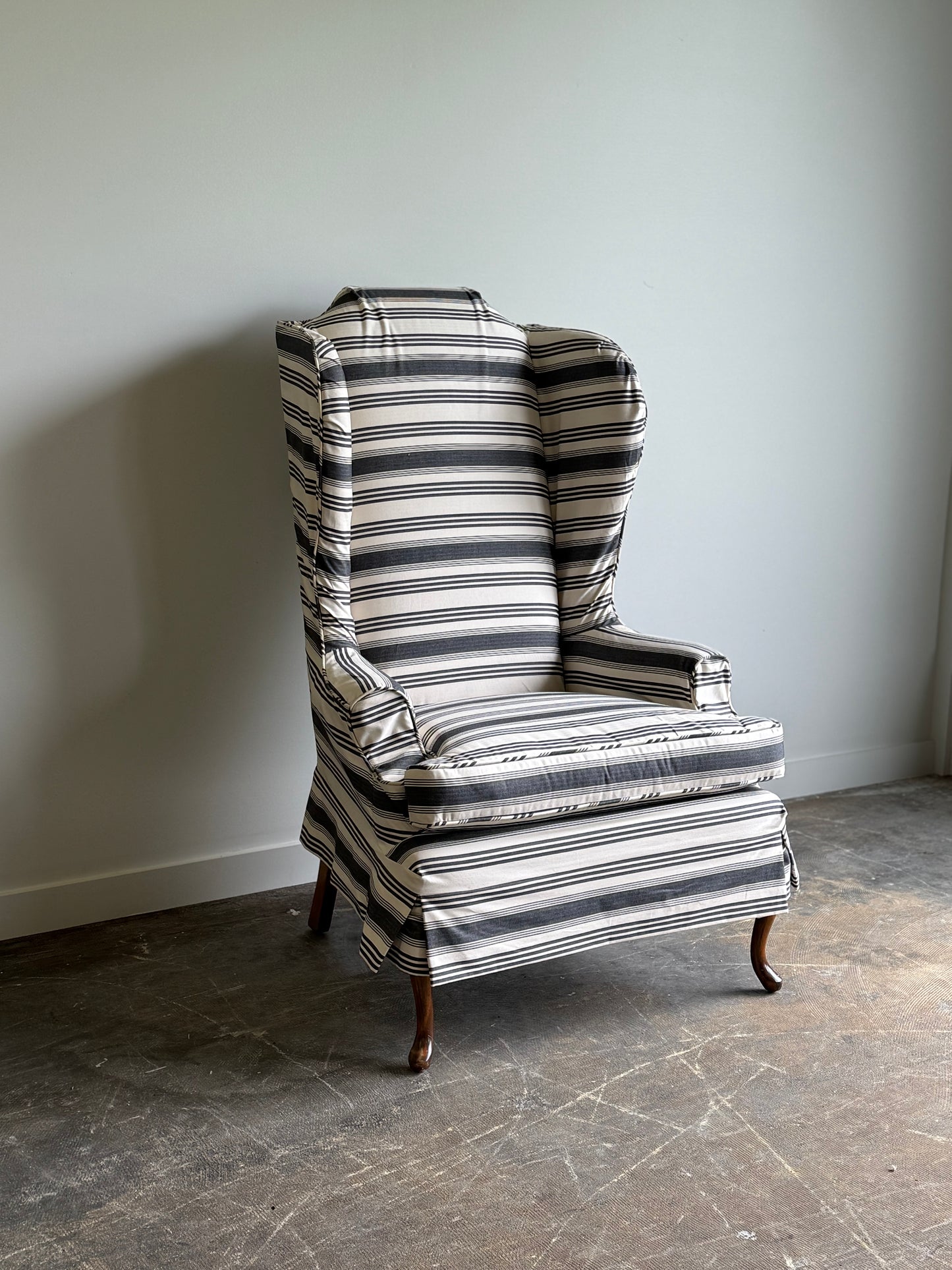 A Striped Queen Anne Style Wingback Chair