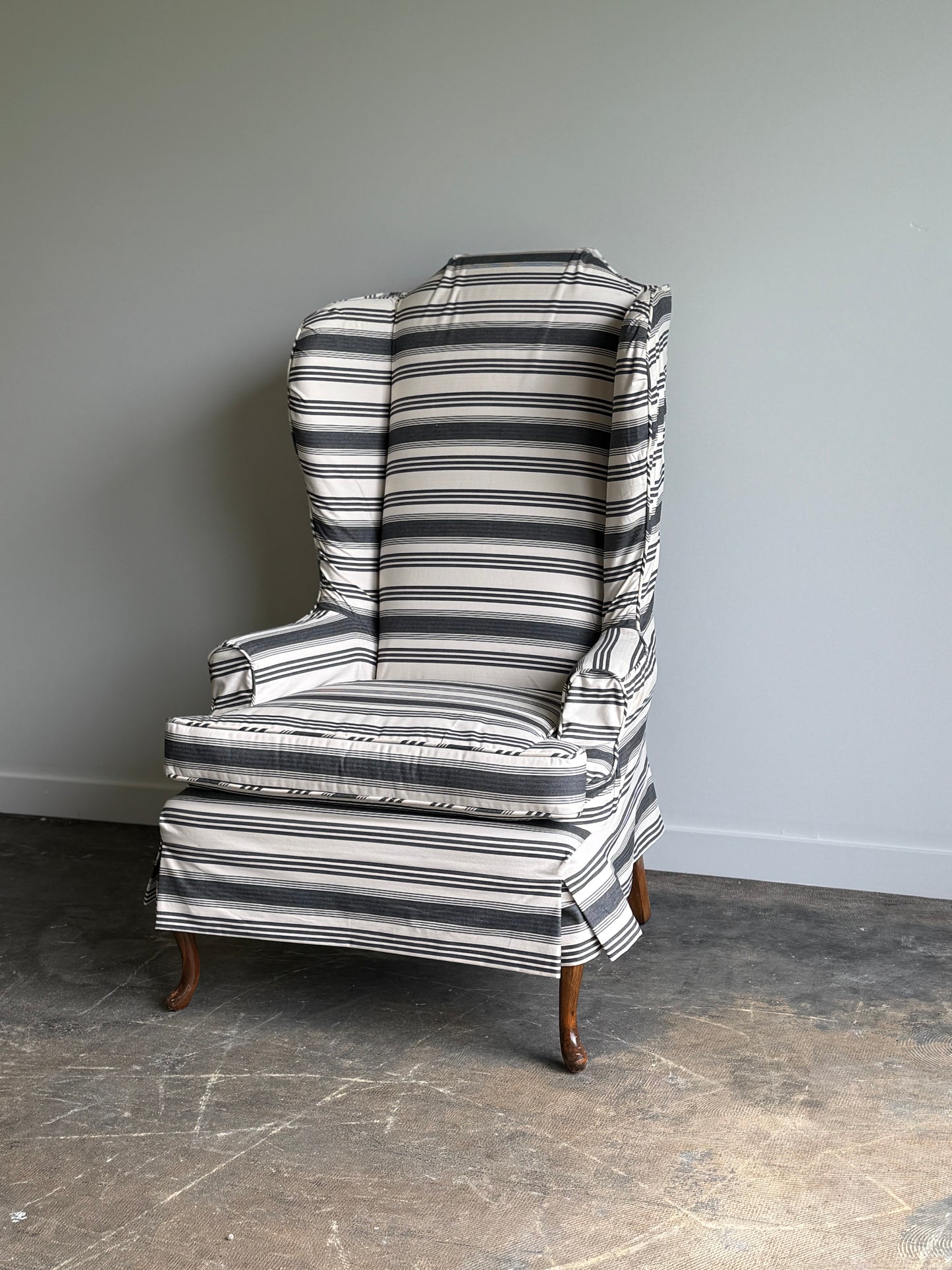 A Striped Queen Anne Style Wingback Chair
