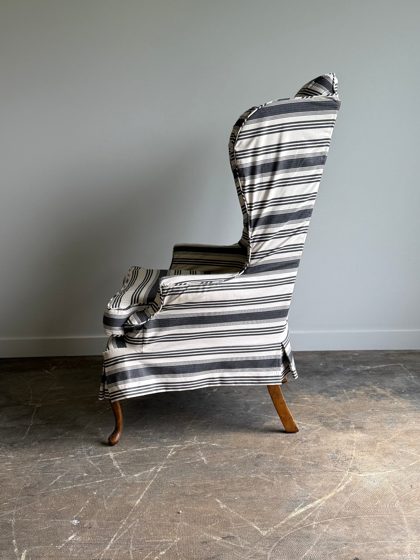 A Striped Queen Anne Style Wingback Chair