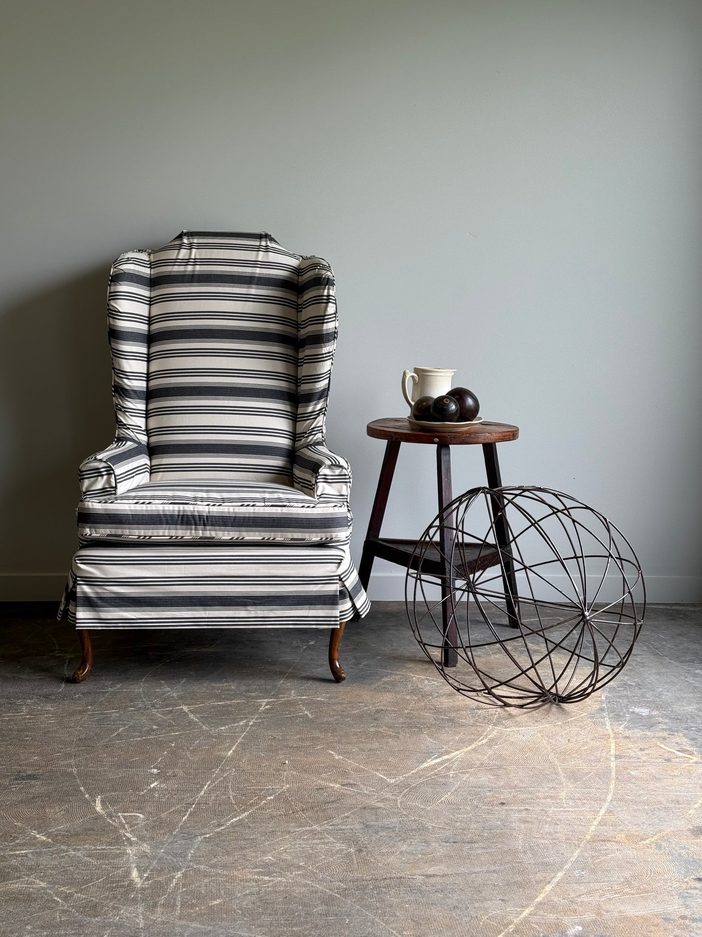 A Striped Queen Anne Style Wingback Chair