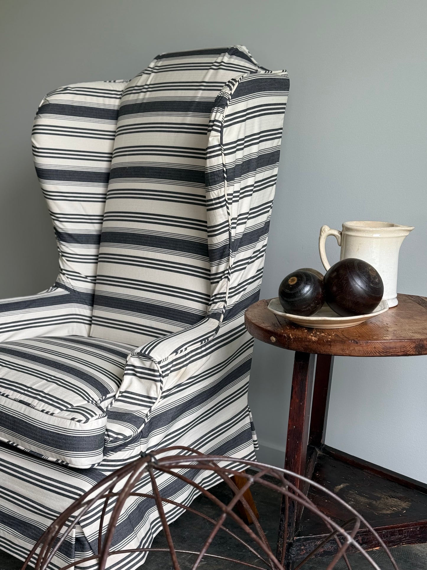 A Striped Queen Anne Style Wingback Chair