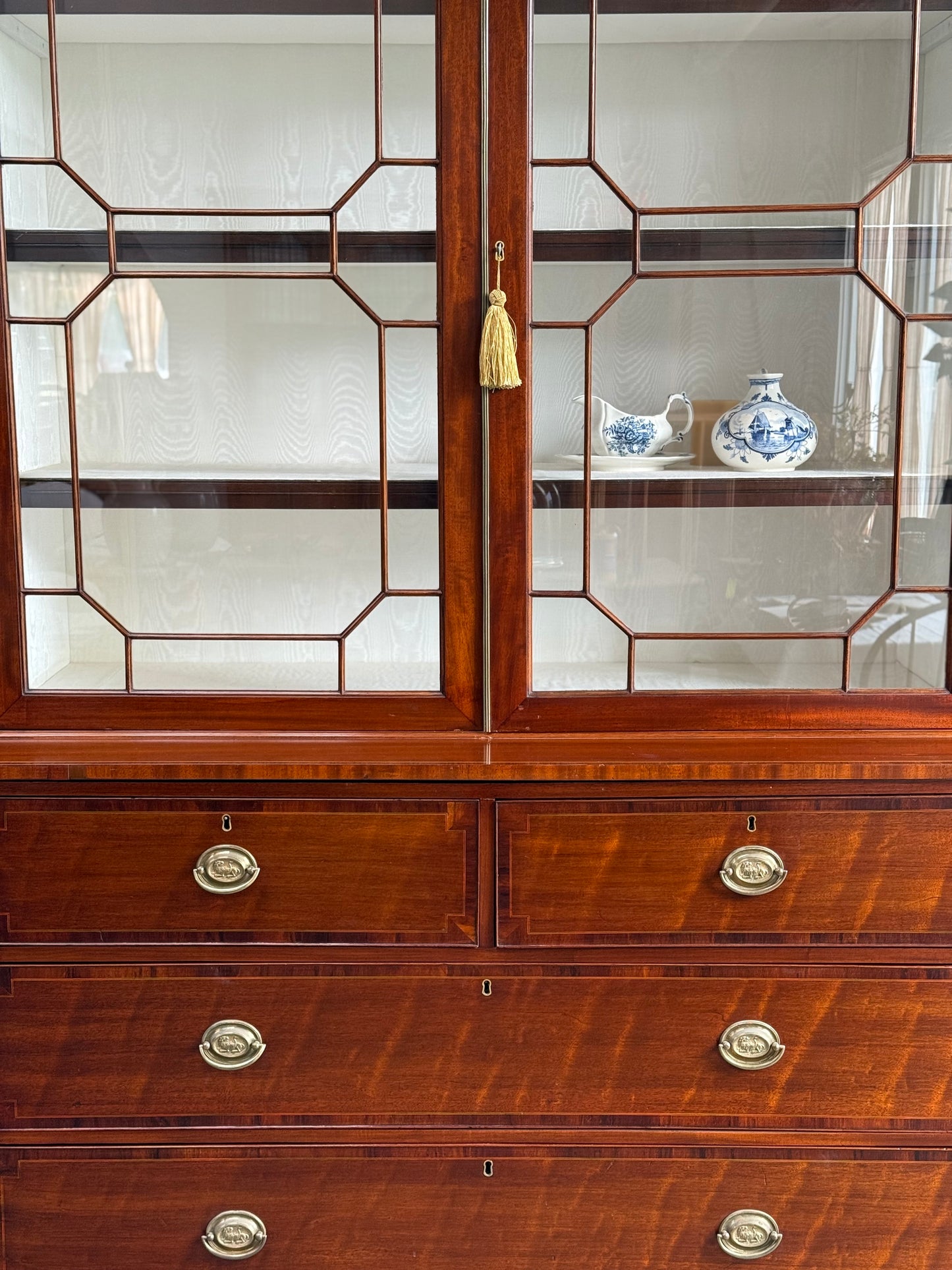 Antique English Mahogany Breakfront Bookcase. 19th C.
