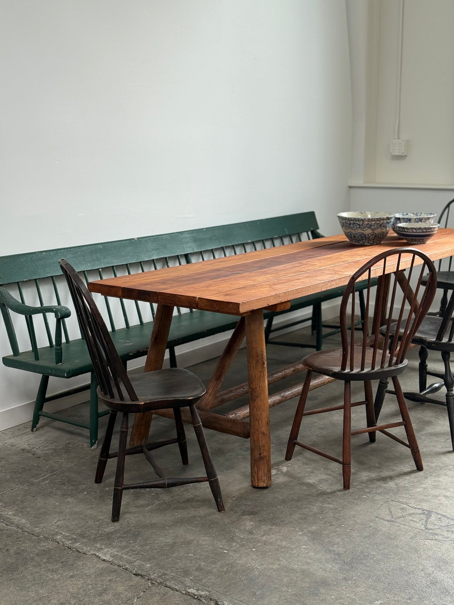 Long Antique Deacons Bench in Old Green Paint. 8'7