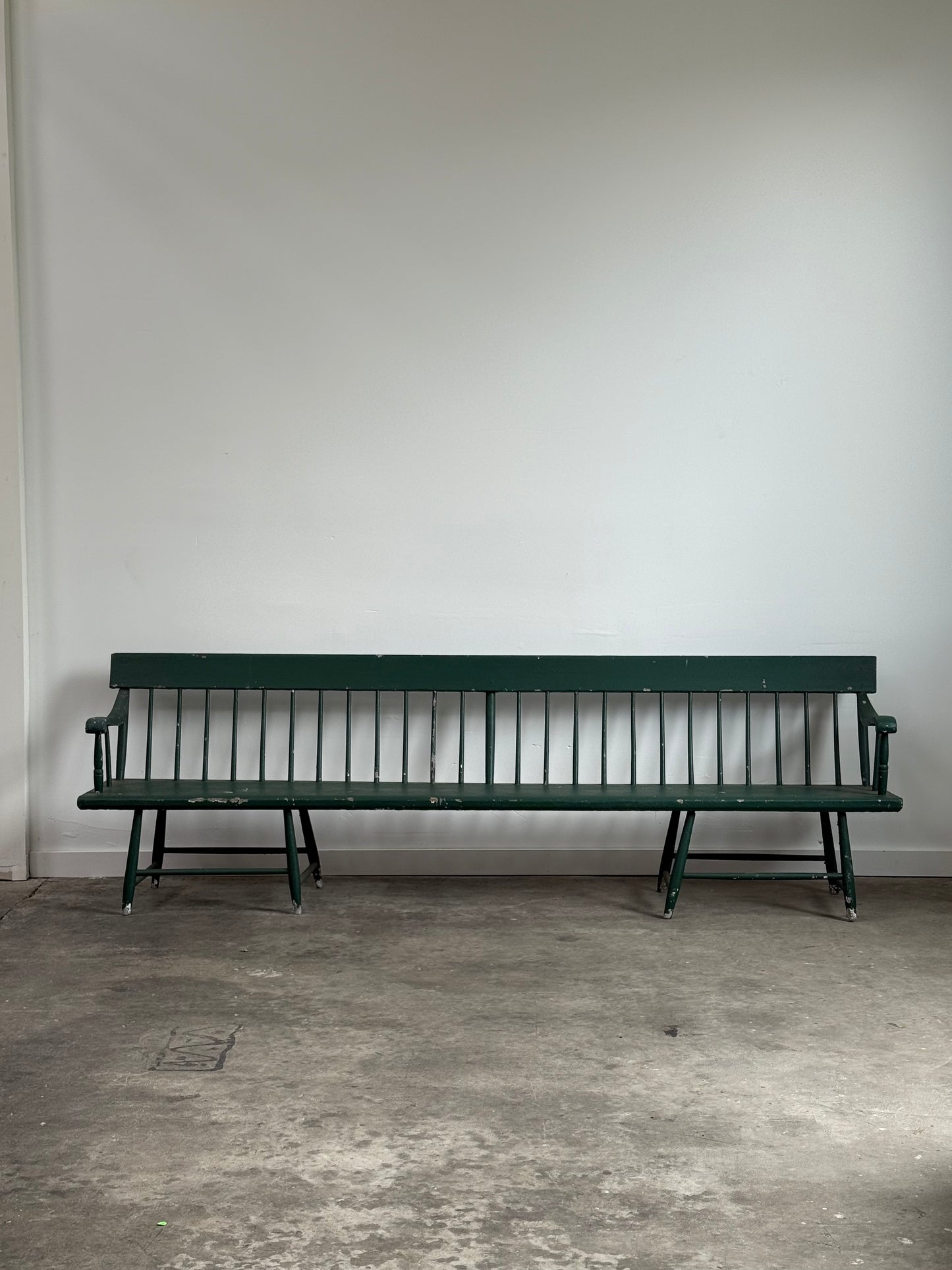 Long Antique Deacons Bench in Old Green Paint. 8'7