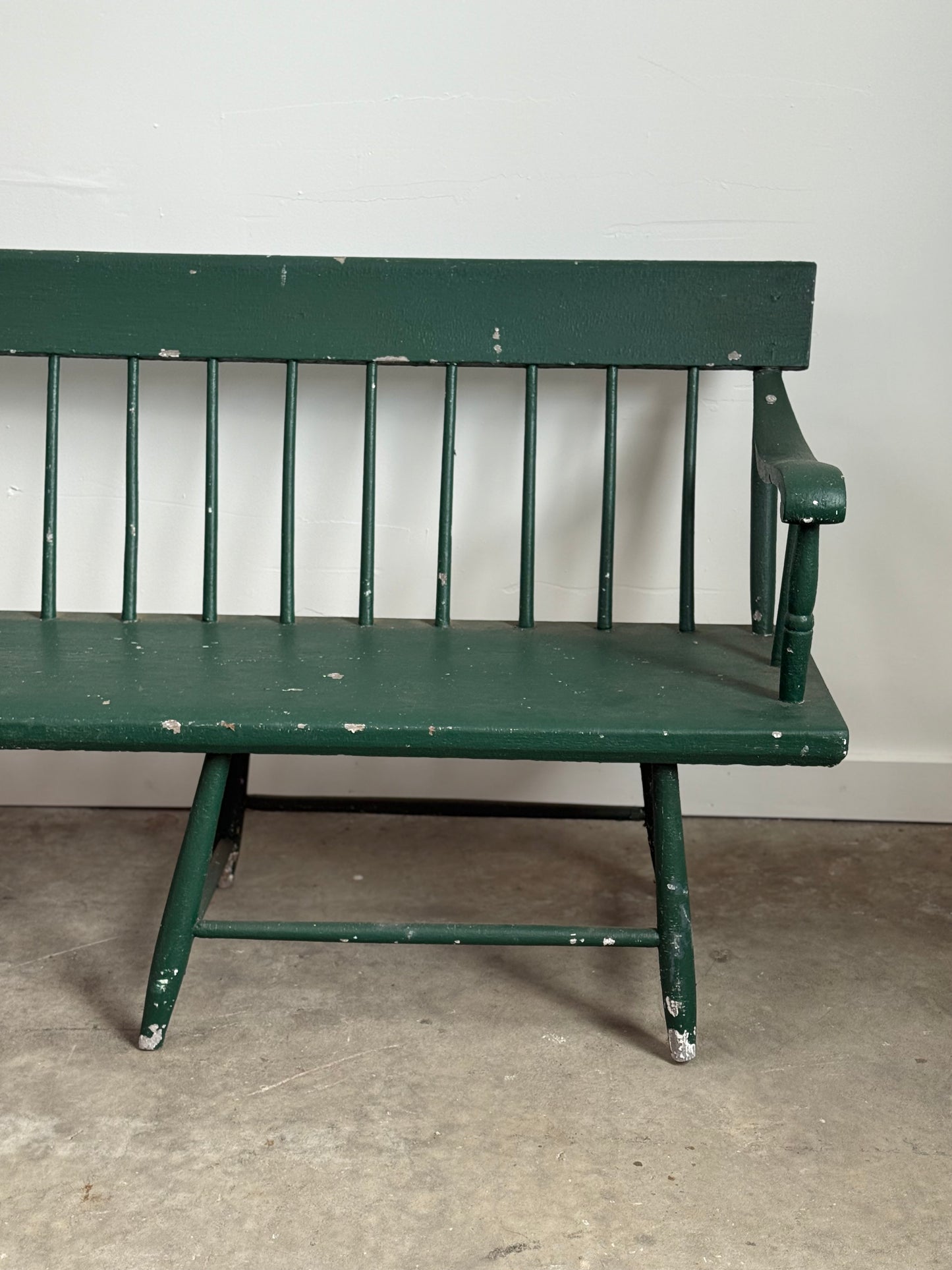 Long Antique Deacons Bench in Old Green Paint. 8'7