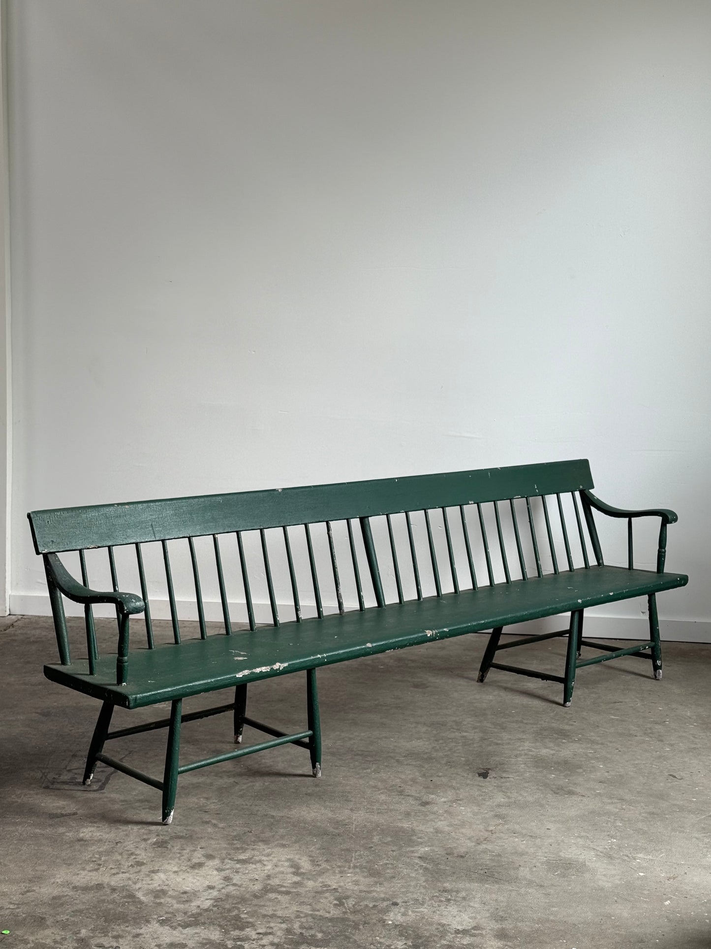 Long Antique Deacons Bench in Old Green Paint. 8'7
