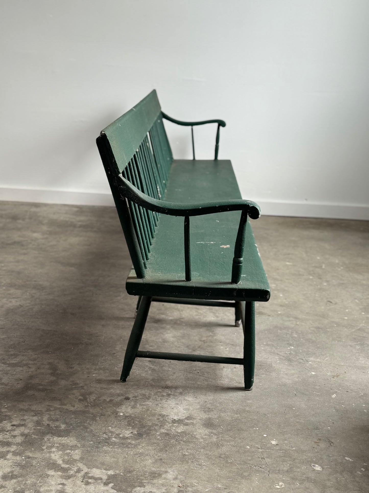 Long Antique Deacons Bench in Old Green Paint. 8'7