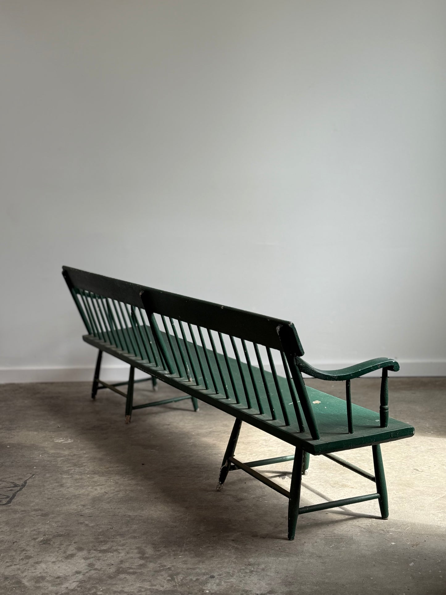 Long Antique Deacons Bench in Old Green Paint. 8'7