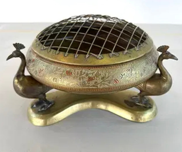ANTIQUE ETCHED BRASS FLOWER FROG BOWL