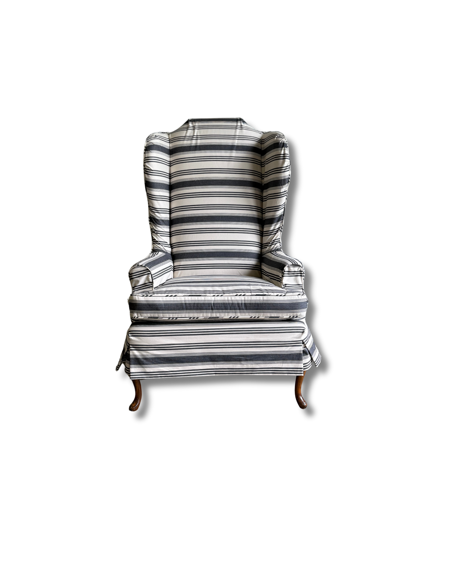 A Striped Queen Anne Style Wingback Chair