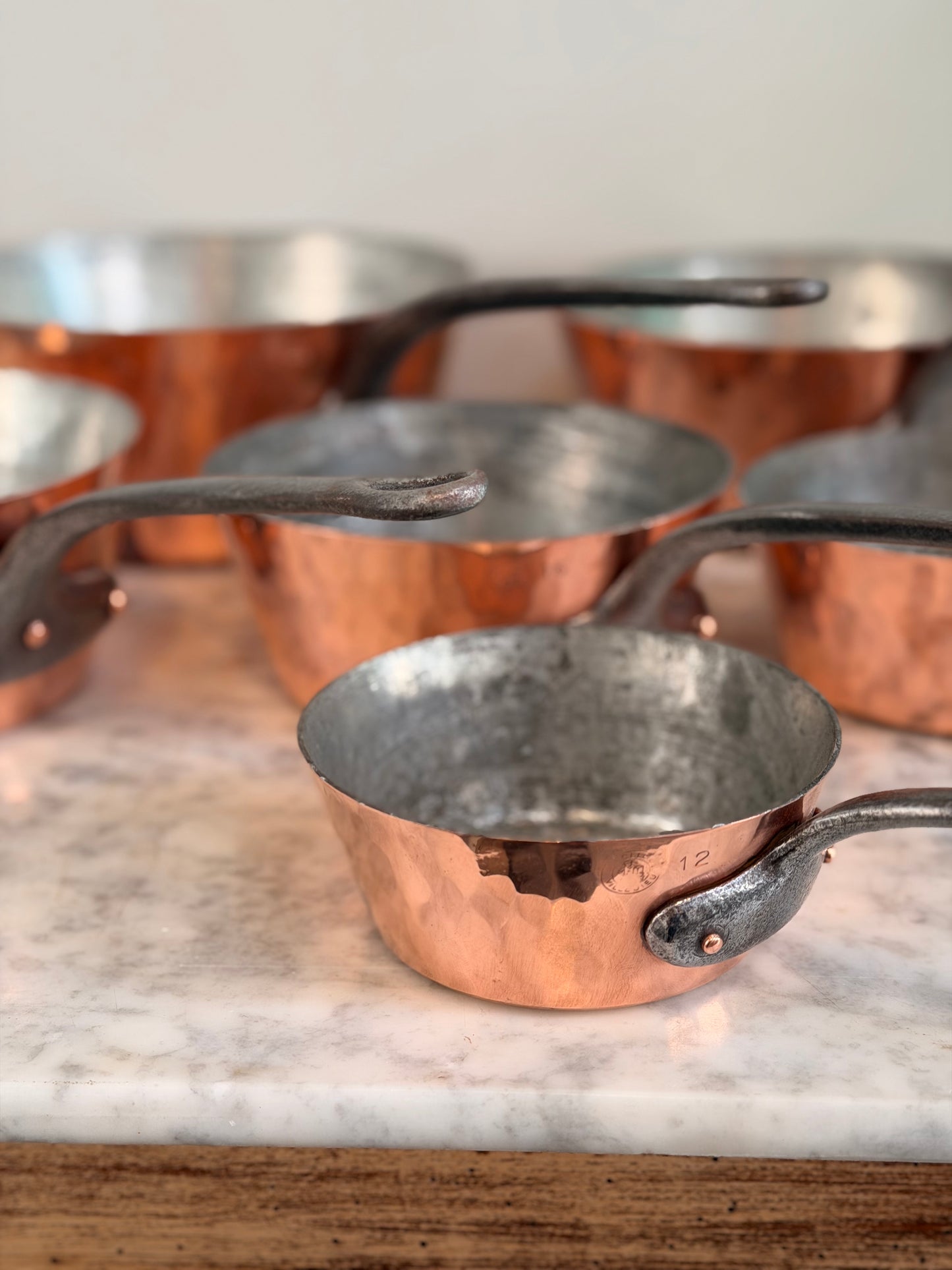 Set Of 6 French L. Lecellier Villedieu Hammered Copper Pots