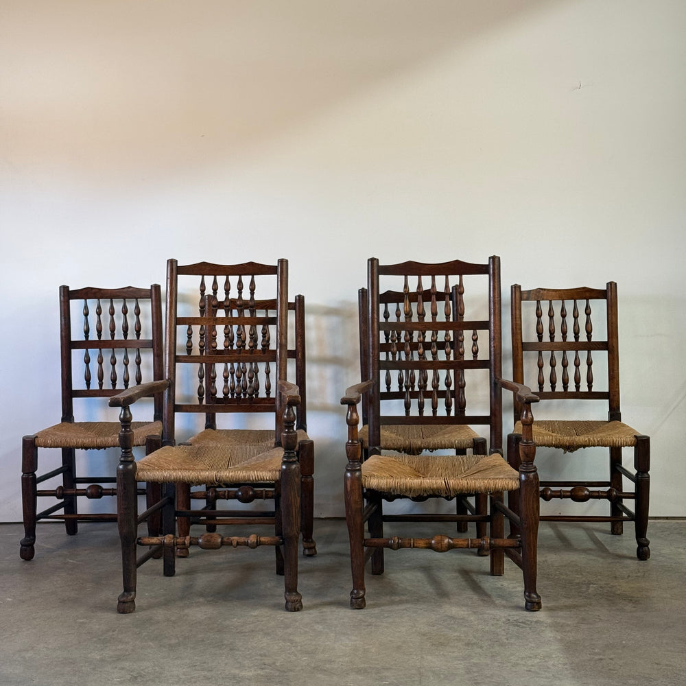
                  
                    Set of six Antique Lancashire Spindle Back Chairs
                  
                