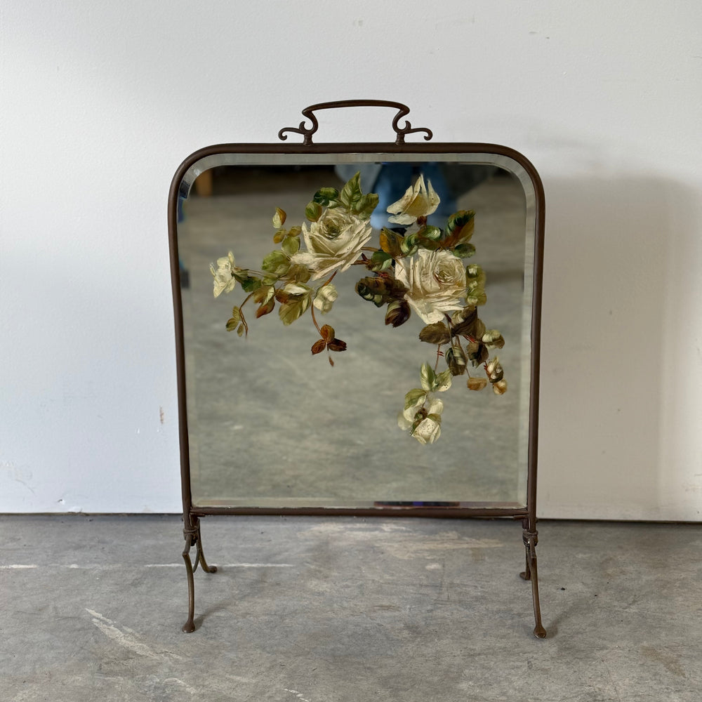 Late Victorian Painted Mirror As Brass Fire Screen