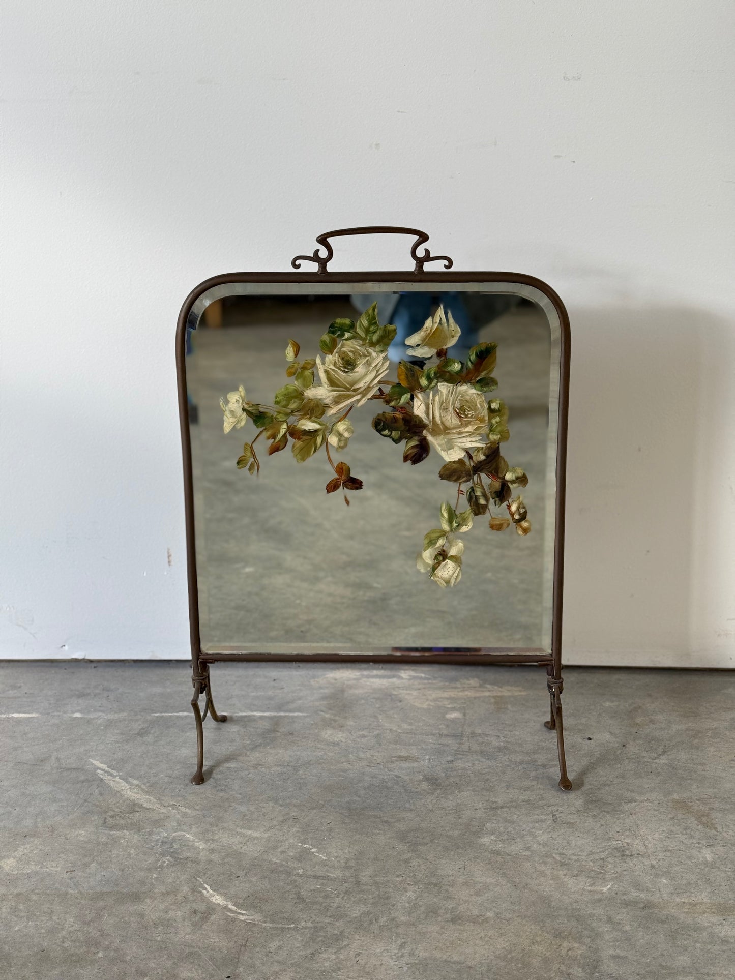 Late Victorian Painted Mirror As Brass Fire Screen