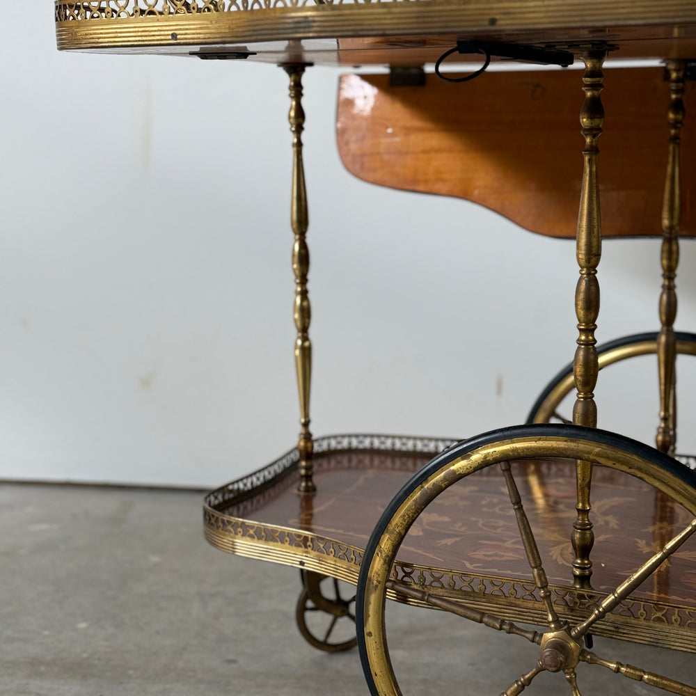 Italian Marquetry Mahogany & Brass Bar Cart
