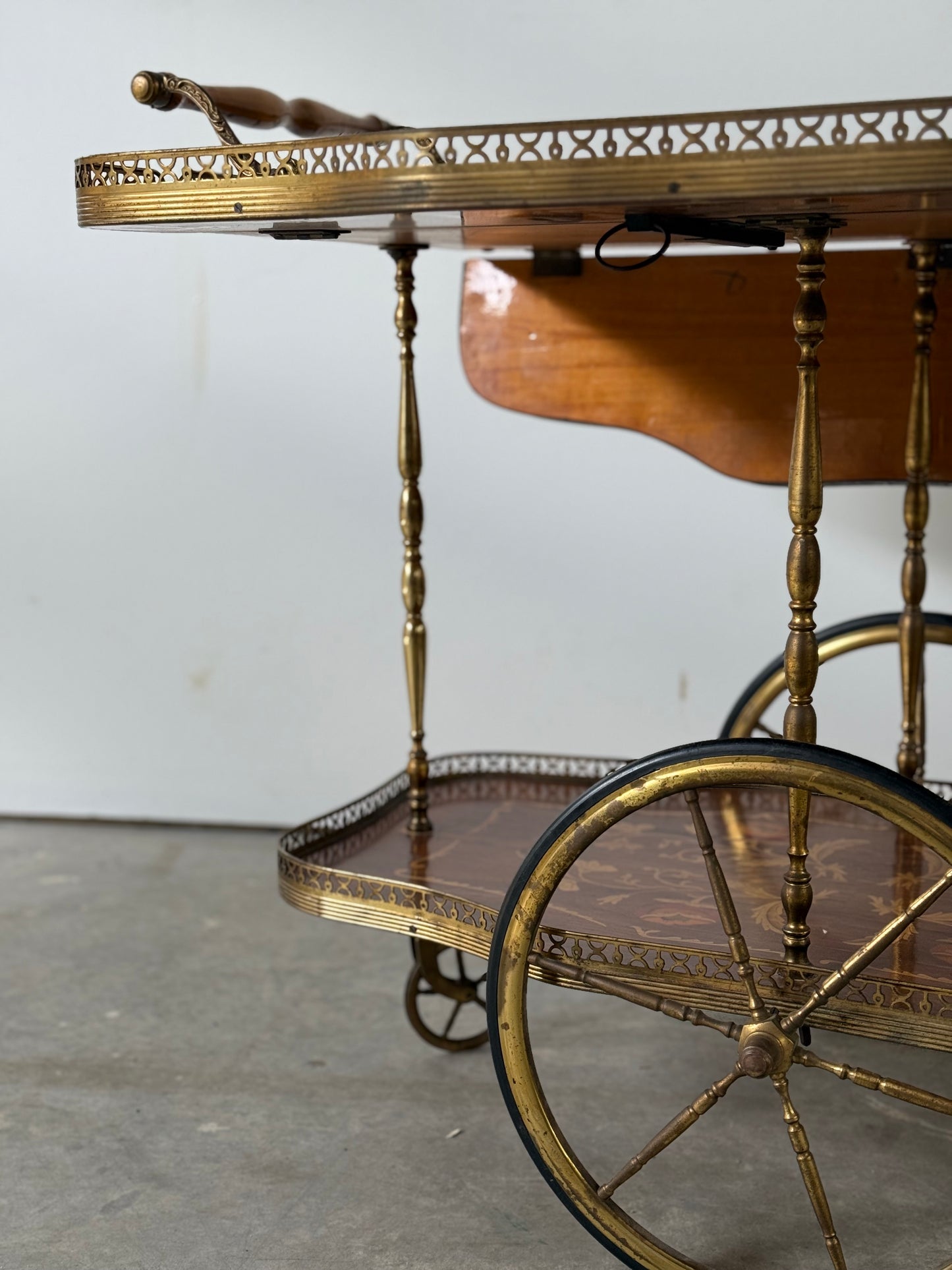 Italian Marquetry Mahogany & Brass Bar Cart