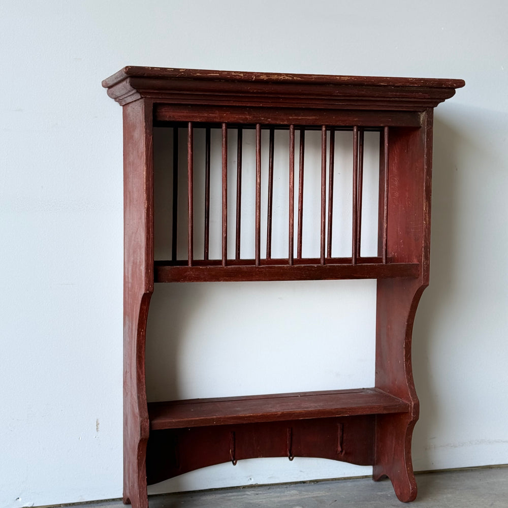 Great Antique Wall Plate Rack in Original Red Wash
