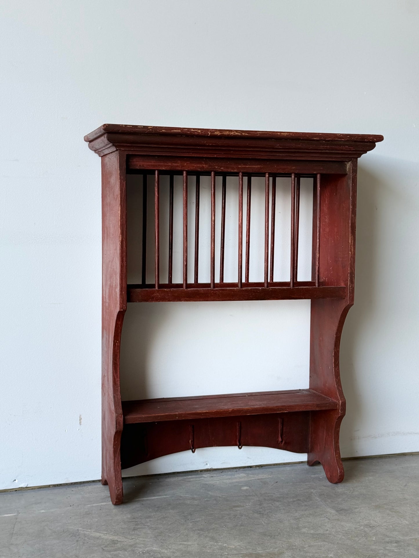 Great Antique Wall Plate Rack in Original Red Wash